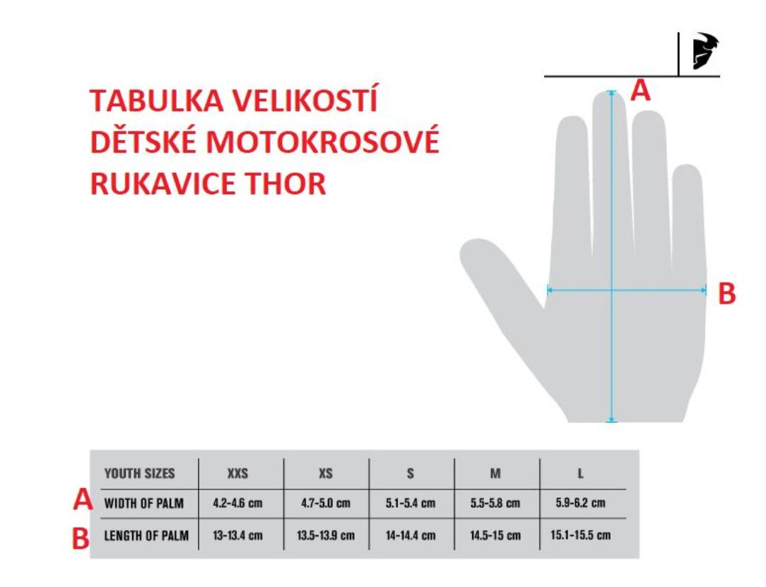 Tabulka velikostí dětských motokrosových rukavic Thor