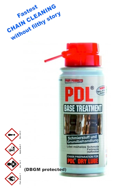 A Čistič a mazivo v jednom kroku pro motocyklové řetězy PROFI PRODUCTS PDL BASE TREATMENT 300 ML