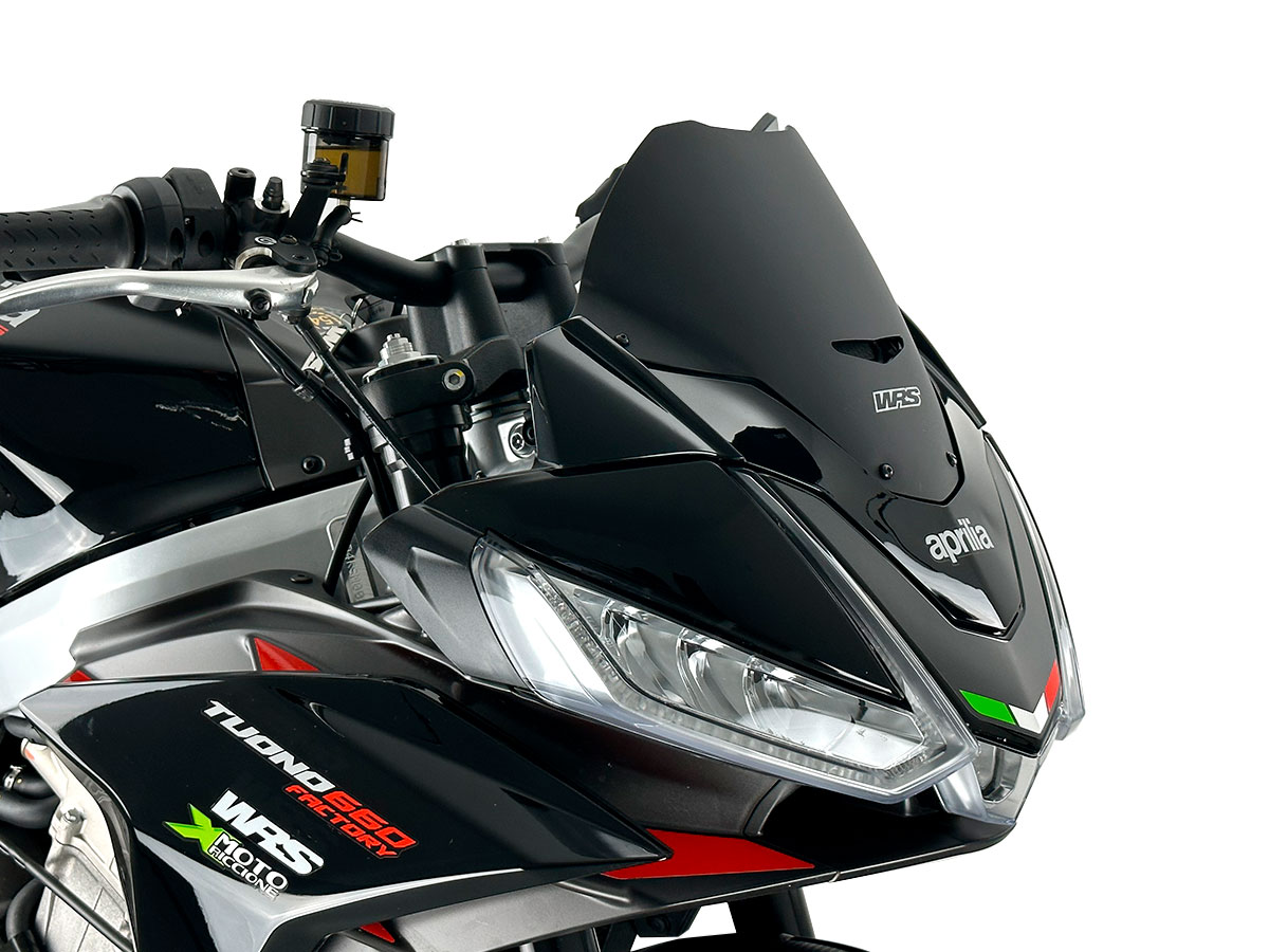Plexi motocyklu WRS verze SPORT pro motocykly APRILIA TUONO V4 1100 RR ABS viz popis rok 2021-2023, výška 23,5 cm, šíře 34 cm, barva matná černá
