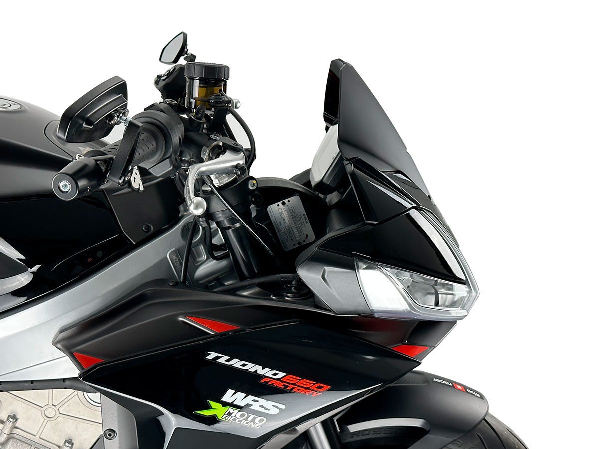 Plexi motocyklu WRS verze SPORT pro motocykly APRILIA TUONO V4 1100 RR ABS viz popis rok 2021-2023, výška 23,5 cm, šíře 34 cm, barva matná černá