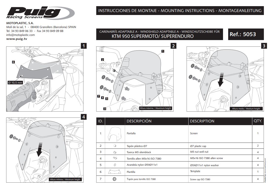 Plexi PUIG SPORT KTM 950 SUPERMOTO 2005-2007