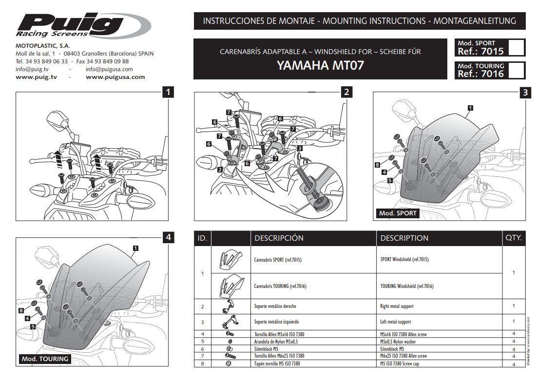 Plexi PUIG TOURING Yamaha MT-07 2014-2017 modré