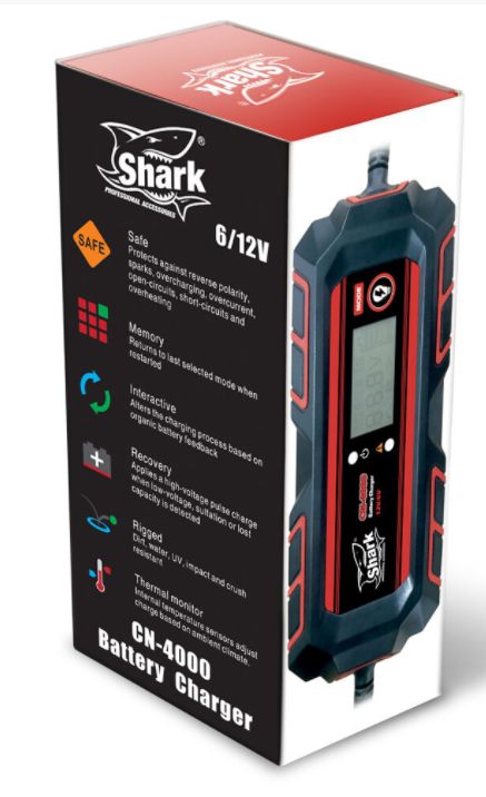 a Automatická inteligentní nabíječka 12V a 6V SHARK BATTERY Charger CN-4000, 6/12V, IP54, 4A DC 