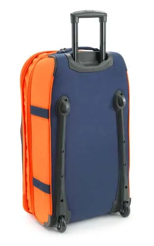 Velká textilní cestovní motokrosová taška na kolečkách s teleskopickou rukojetí  KTM REPLICA TEAM TERMINAL BAG objem 95 litrů, barva modrá/oranžová