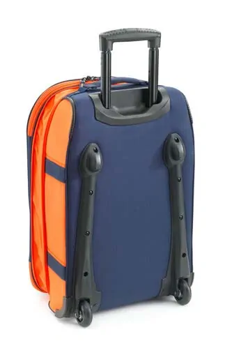 Velká textilní cestovní motokrosová taška na kolečkách s teleskopickou rukojetí  KTM REPLICA TEAM LAYOVER BAG objem 46 litrů, barva modrá/oranžová