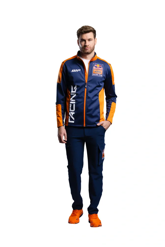 Softsheelová bunda bez kapuce na zip KTM REPLICA TEAM SOFTSHELL JACKET modrá/oranžová