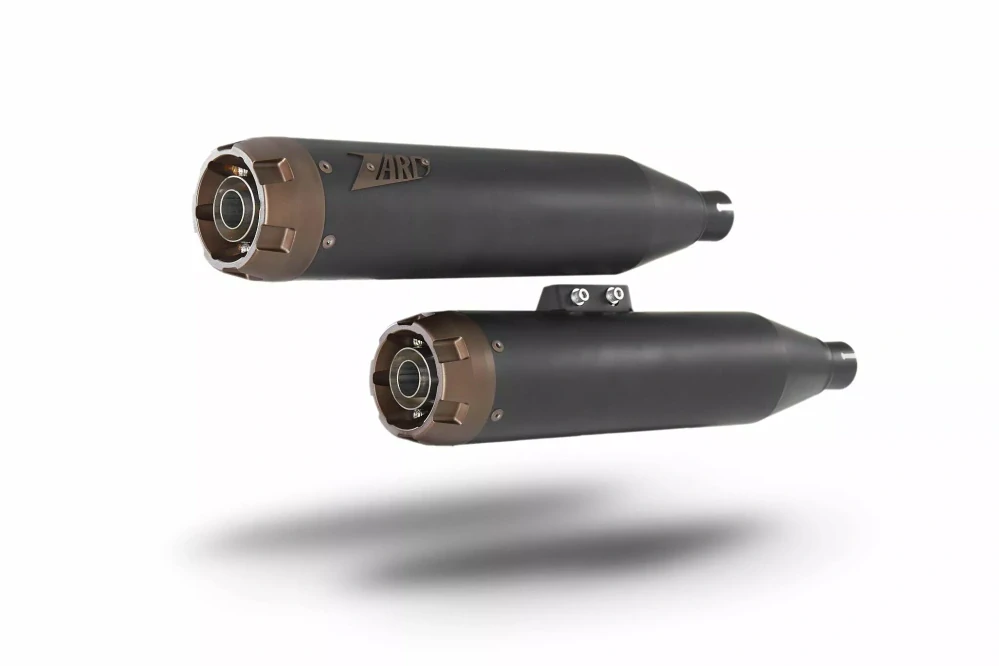 Homologované koncovky výfuku motocyklu ZARD SLIP ON MUFFLERS HOMOLOGACE E4/E5 pro motocykl HARLEY DAVIDSON SOFTAIL M8 rok 2017-2024 , barva černá/bronzová 