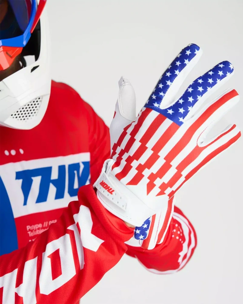 Motokrosové / enduro / mtb rukavice THOR LAUNCHMODE PATRIOT barva bílá/červená/modrá