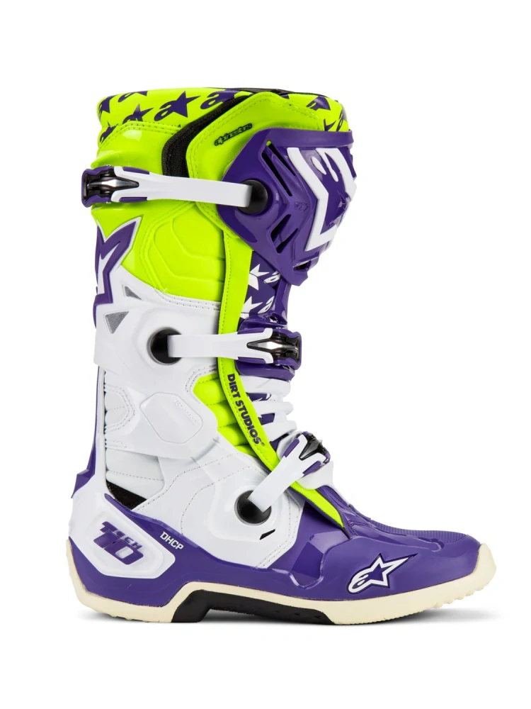 Motokrosové boty ALPINESTARS TECH 10 DIRT STUDIOS LIMITOVANÁ EDICE bílá/fialová/žlutá fluo