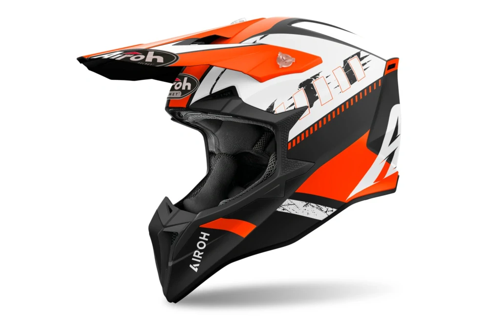 a Motokrosová přilba AIROH WRAAAP FEEL barva oranžová/černá/bílá matná, velikost S pro obvod hlavy 55-56 cm