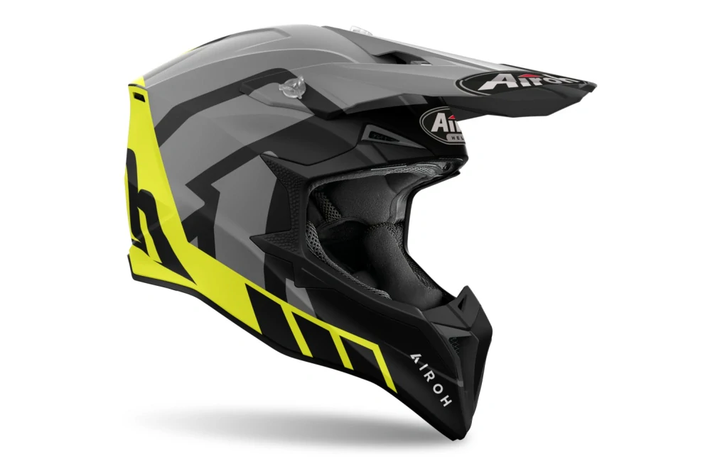 a Motokrosová přilba AIROH WRAAAP RELOADED  barva černá/žlutá fluo/šedá matná, velikost XXS pro obvod hlavy 51-52 cm