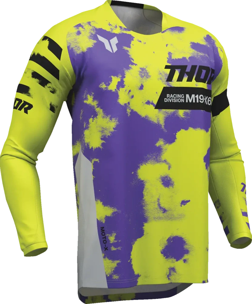 Dětský sportovní motokrosový komplet kalhot a dresu THOR LAUNCHMODE RACEWEAR BLEACH barva šedá/fialová/acid