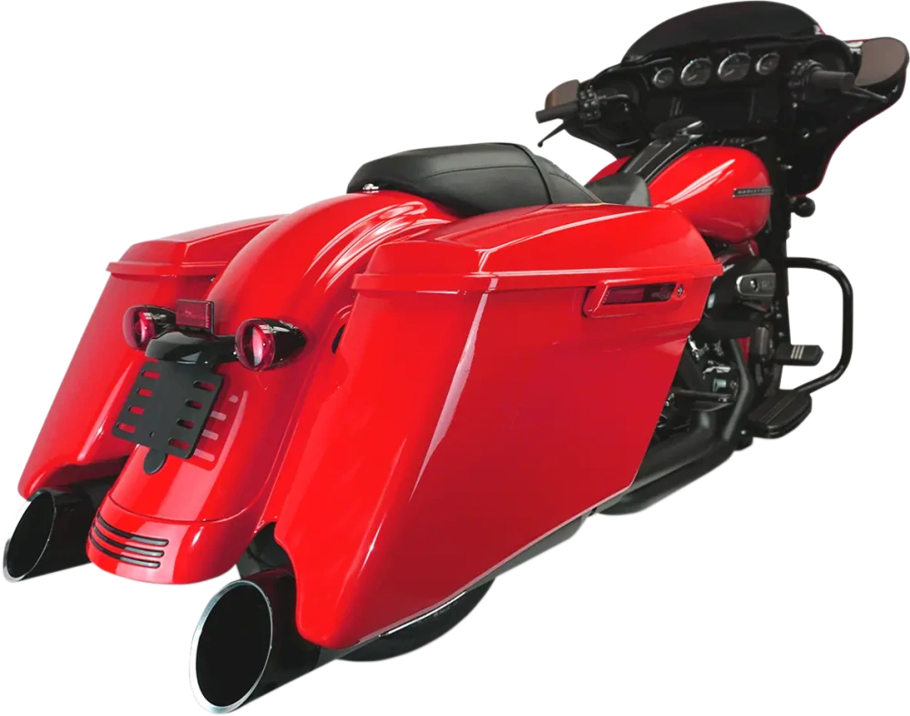 Koncovky výfuku KHROME WERKS 4,5" HP PLUS SLIP-ON MUFFLERS pro HARLEY DAVIDSON FLHT/ FLHTK/ FLHX/ FLHR/ FLTRX/ FLTRU/ FLTRK rok 2017-2024 viz popis, barva černá/černé edge billet zakončení