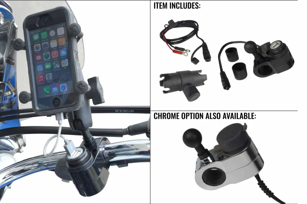 Duální USB nabíječka na řídítka s 2,54 cm (1 palcovým) úchytem RAM výrobce GEARS CANADA CHARGER DUAL-USB barva chromová 