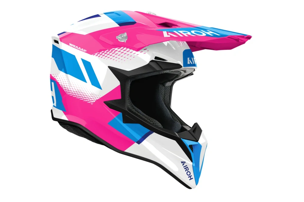 Motokrosová přilba AIROH WRAAAP VISION barva růžová/bílá/modrá lesklá