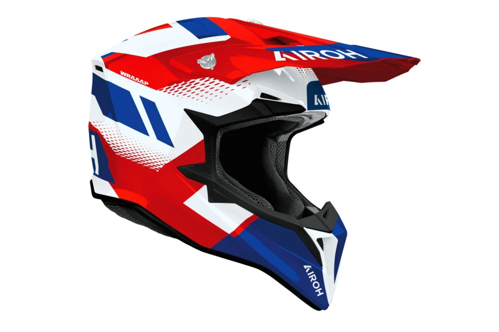 Motokrosová přilba AIROH WRAAAP VISION barva červená/bílá/modrá lesklá