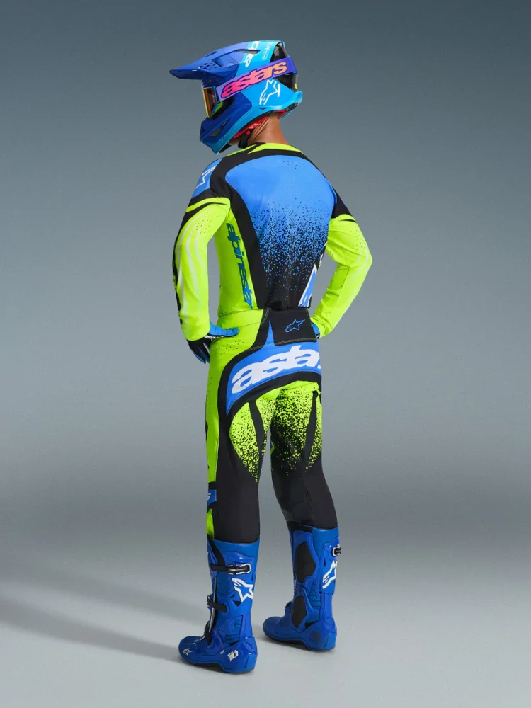 a Motokrosový komplet kalhot a dresu ALPINESTARS TECHSTAR NOMUR barva fluo žlutá/modrá velikost 34+L