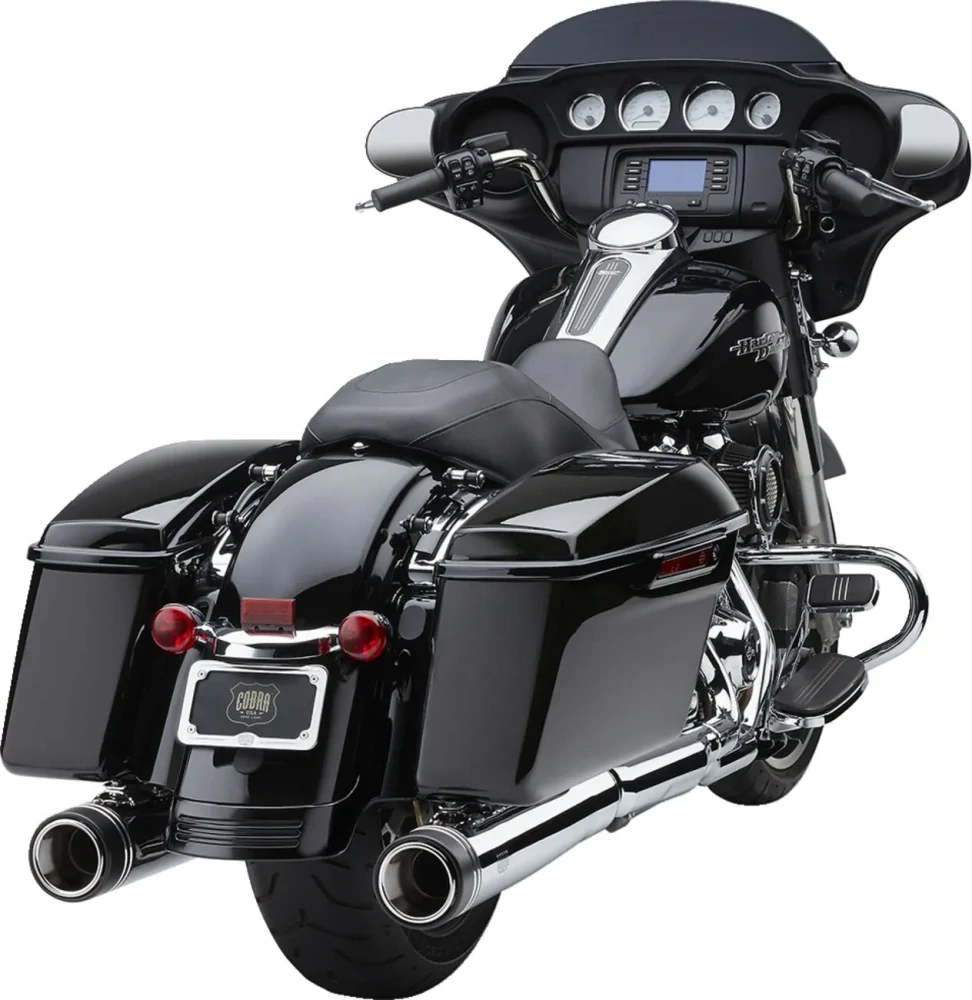 Koncovky výfuku COBRA GEN 2 NEIGHBOR SERIES MUFFLERS 4,5'' pro HARLEY DAVIDSON FLHT/ FLHTK/ FLHR/ FLTRX/ FLTRU/ FLTRK/ FLHX rok 2017-2024 barva chromová/černé zakončení  