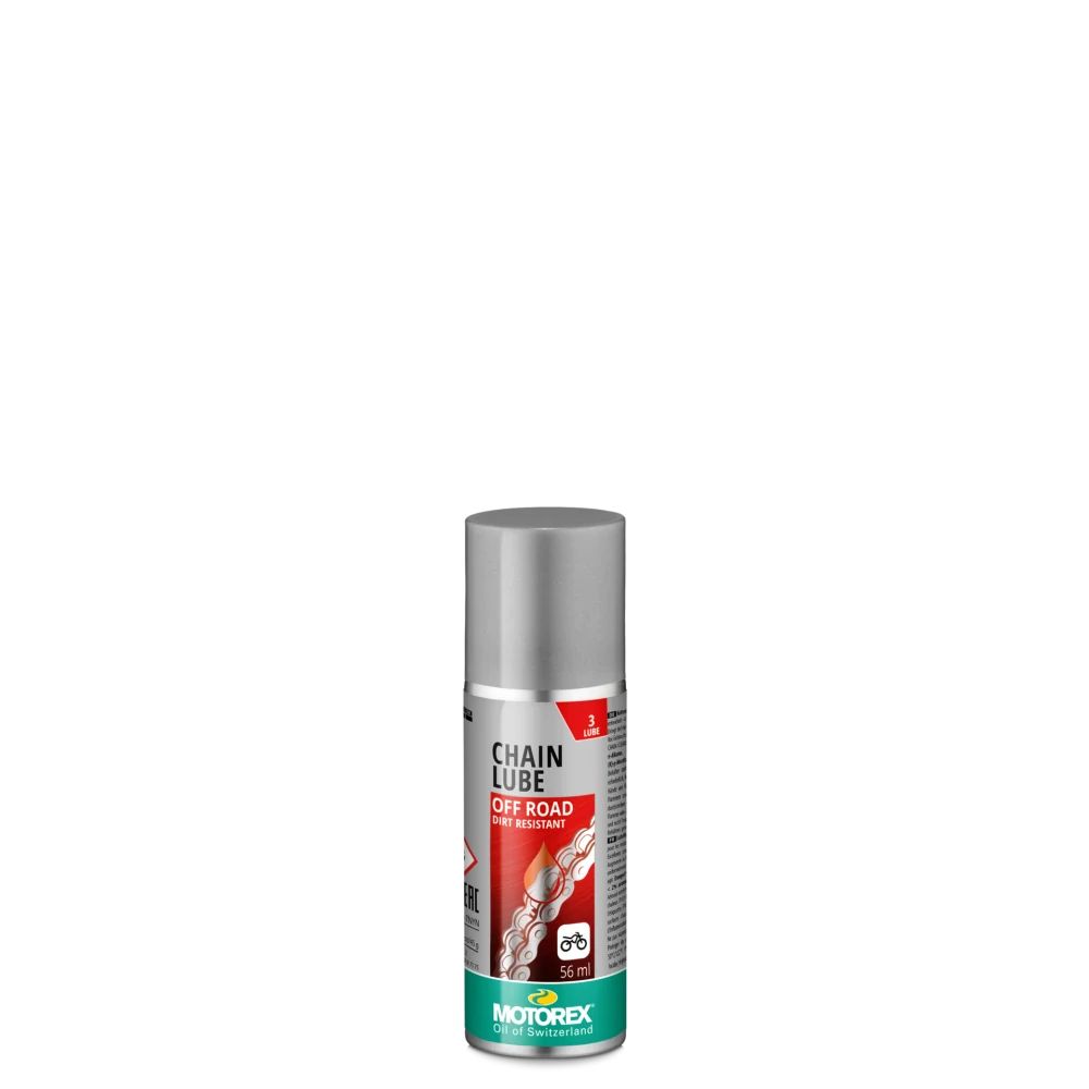 a Nelepivé bezbarvé mazivo na řetězy a bovdeny, testované na X-kroužky a O-kroužky, určené pro motokros, enduro a do terénu MOTOREX CHAIN LUBE OFF ROAD balení 56 ml