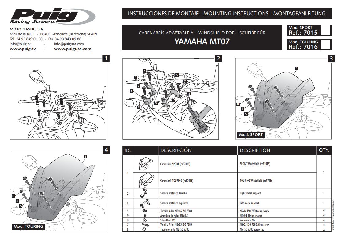Plexi Puig sport pro Yamaha MT-07 14-17 TMAVÝ KOUŘ