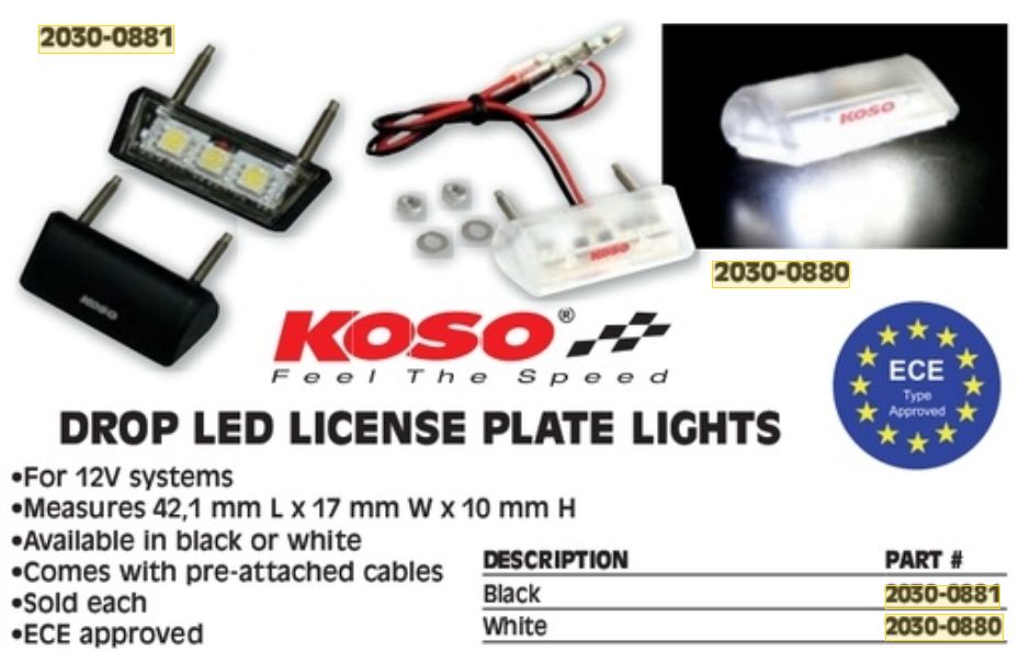 Led osvětlení SPZ motocyklu KOSO LICENSE PLATE LIGHT LED ECE APPROVED HD006K00 barva černá, rozměry délka 42,1 mm x šířka 17 mm x výška 10 mm 