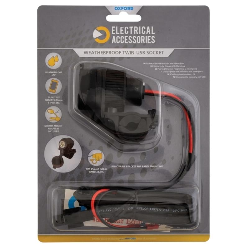 USB ZÁSUVKA 5V/2A OXFORD 2 VSTUPY S OBJÍMKOU PRO UCHYCENÍ K ŘIDÍTKŮM