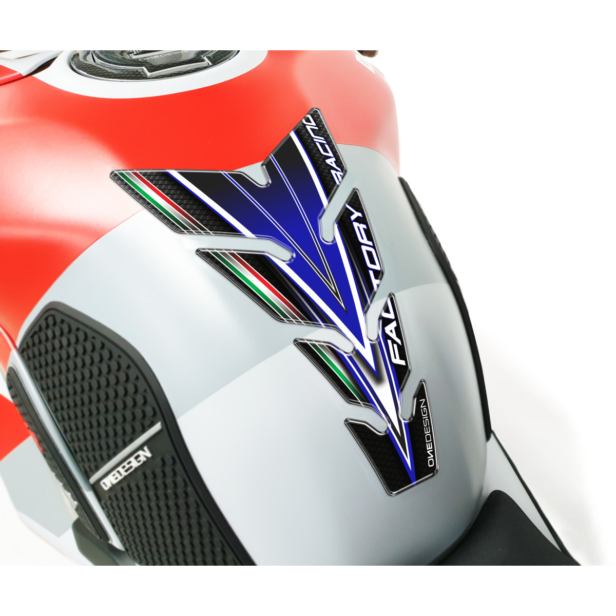 Samolepka - tank pad na nádrž motocyklu ONEDESIGN TANKPAD FACTORY RACING MODRÝ rozměr 134mm x 223mm