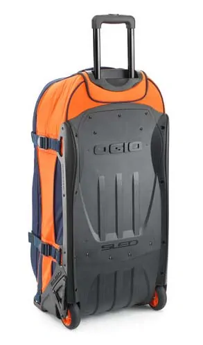 Velká textilní cestovní motokrosová taška na kolečkách s teleskopickou rukojetí  KTM REPLICA TEAM TRAVEL BAG 9800 PRO barva modrá/oranžová, objem 122 litrů