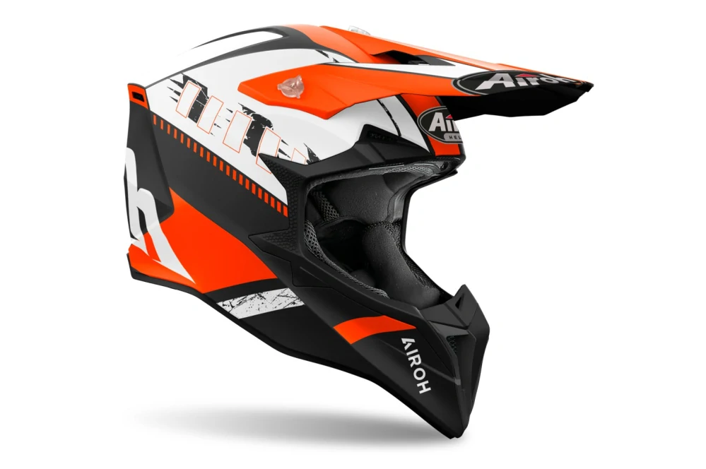 a Motokrosová přilba AIROH WRAAAP FEEL barva oranžová/černá/bílá matná, velikost S pro obvod hlavy 55-56 cm