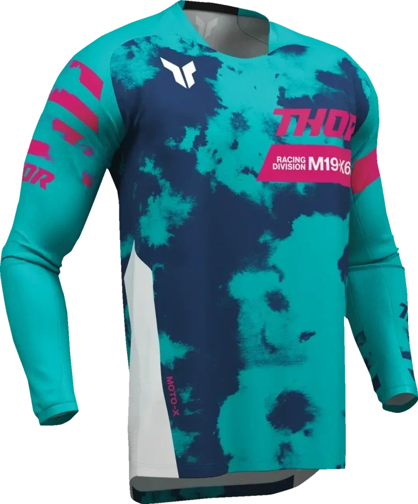 Dětský sportovní motokrosový komplet kalhot a dresu THOR LAUNCHMODE RACEWEAR BLEACH barva bílá/aqua