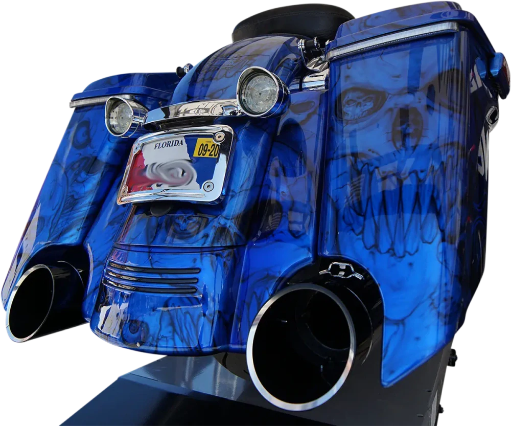 Koncovky výfuku KHROME WERKS 4,5" HP PLUS SLIP-ON MUFFLERS pro HARLEY DAVIDSON FLHT/ FLHTK/ FLHX/ FLHR/ FLTRX/ FLTRU/ FLTRK rok 2017-2024 viz popis, barva černá/černé edge billet zakončení