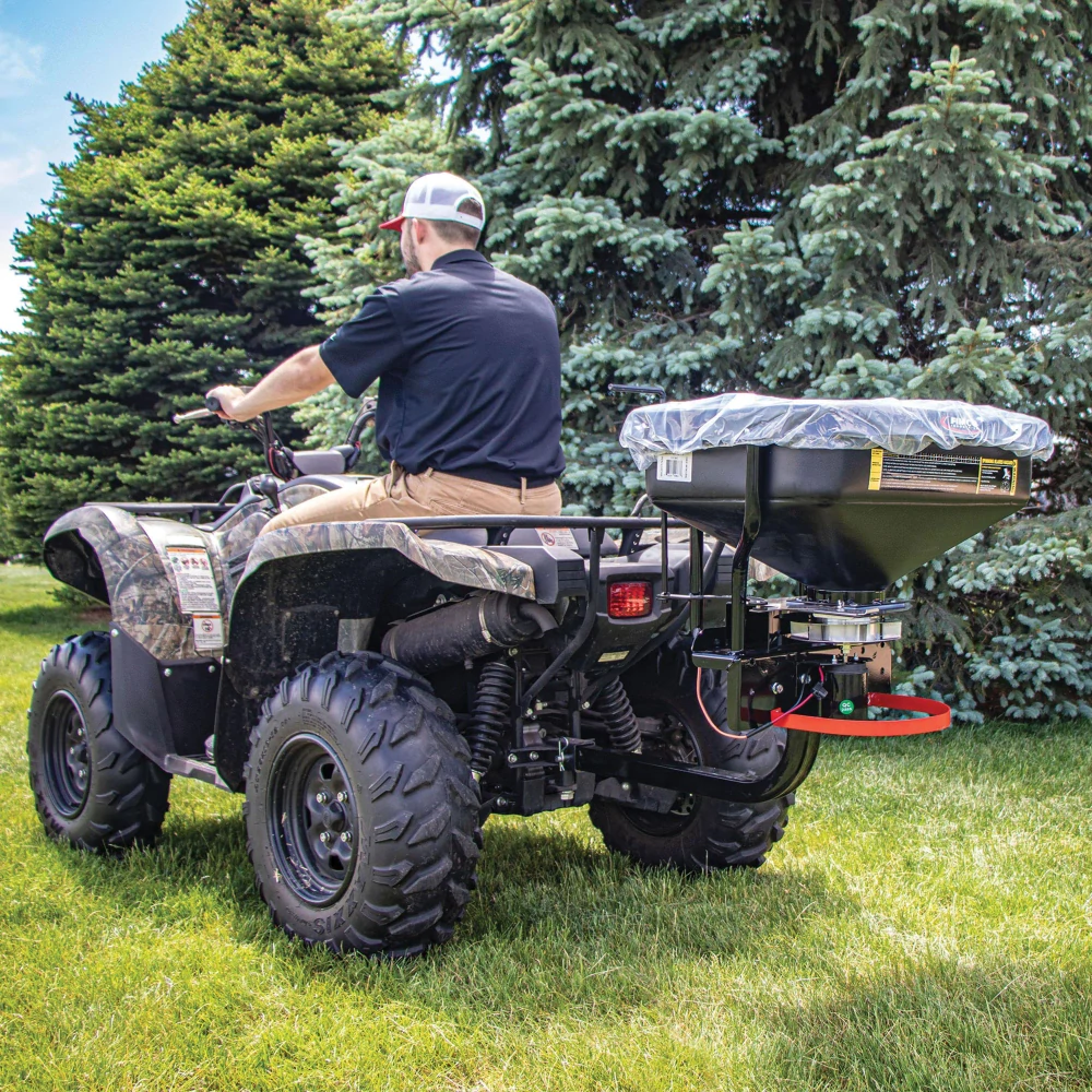 Víceúčelové rozmetadlo sypkých hmot pro montáž na tažné FIMCO DRY MATERIAL SPREADER WITH 2" RECEIVER MOUNT šířka posypu 1,5 - 13 metrů, zásobník 62 litrů / 65 kg