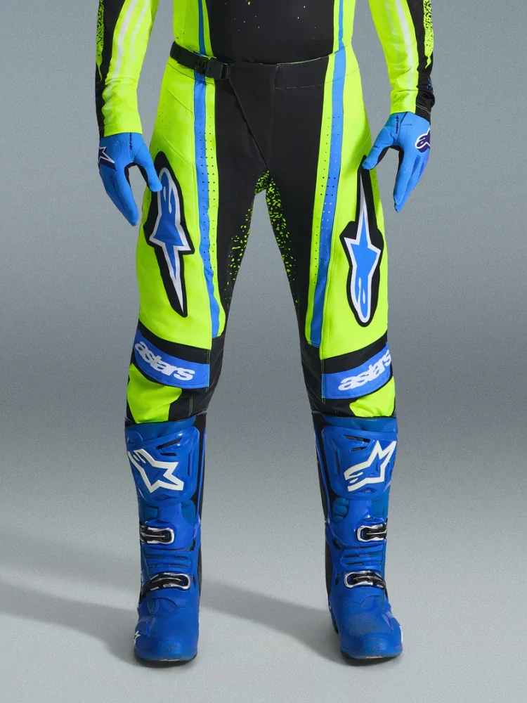 a Motokrosový komplet kalhot a dresu ALPINESTARS TECHSTAR NOMUR barva fluo žlutá/modrá velikost 34+L