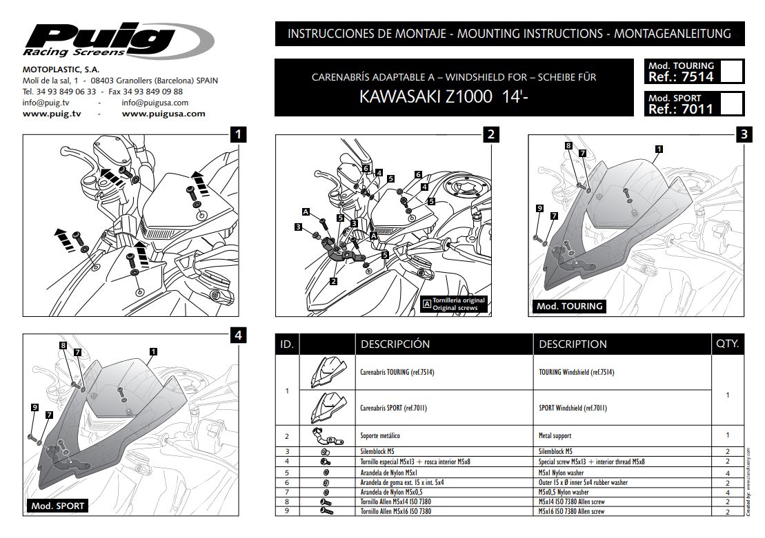 Plexi PUIG TOURING Kawasaki Z1000 2014-2017