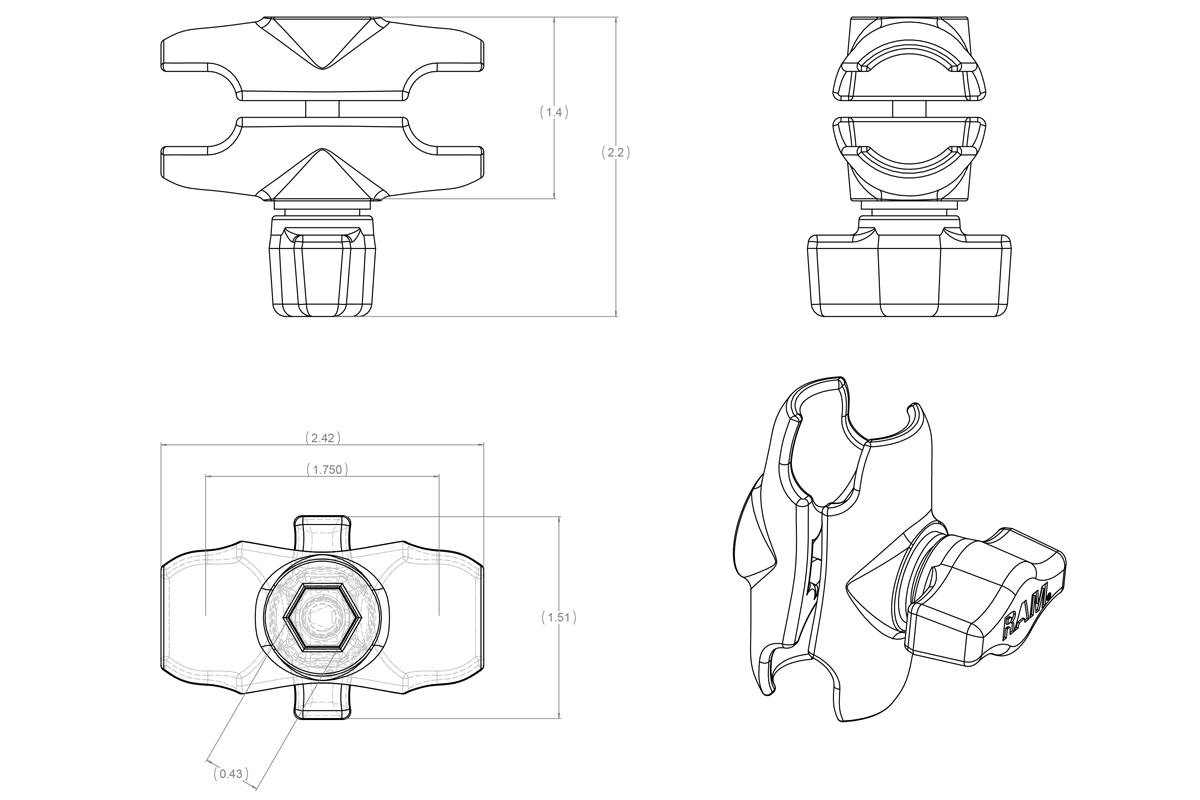 Krátké rameno RAM MOUNTS RAM MOUNT DOUBEL SOCKET ARM 2" FOR 1" BALL