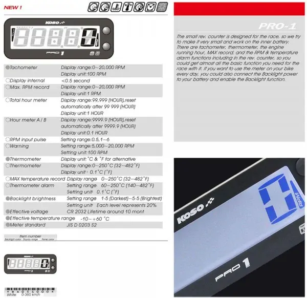 Otáčkoměr, teploměr, měřič hodin chodu motoru KOSO NORTH AMERICA TACHOMETER PRO-1