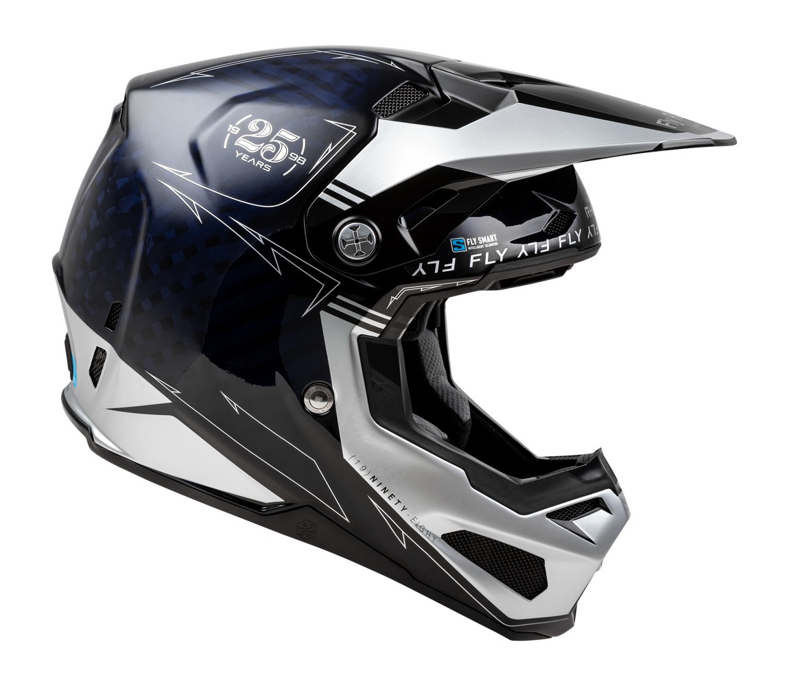 Nejvyšší model motokrosové přilby FLY RACING FORMULA S CARBON modrá/stříbrná, skořepina z uhlíkových vláken 12K velikost L