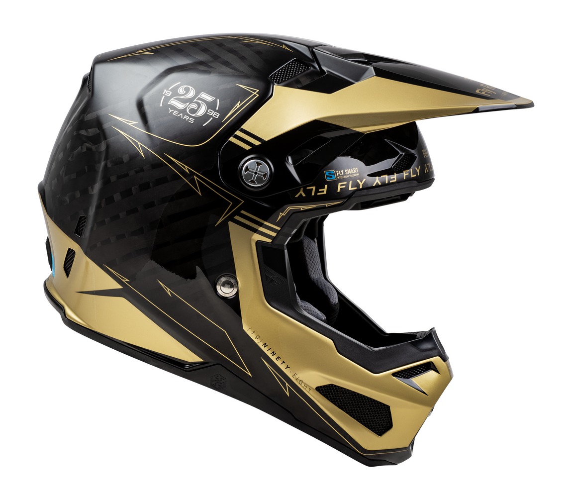 Nejvyšší model motokrosové přilby FLY RACING FORMULA S CARBON černá/zlatá, skořepina z uhlíkových vláken 12K velikost L
