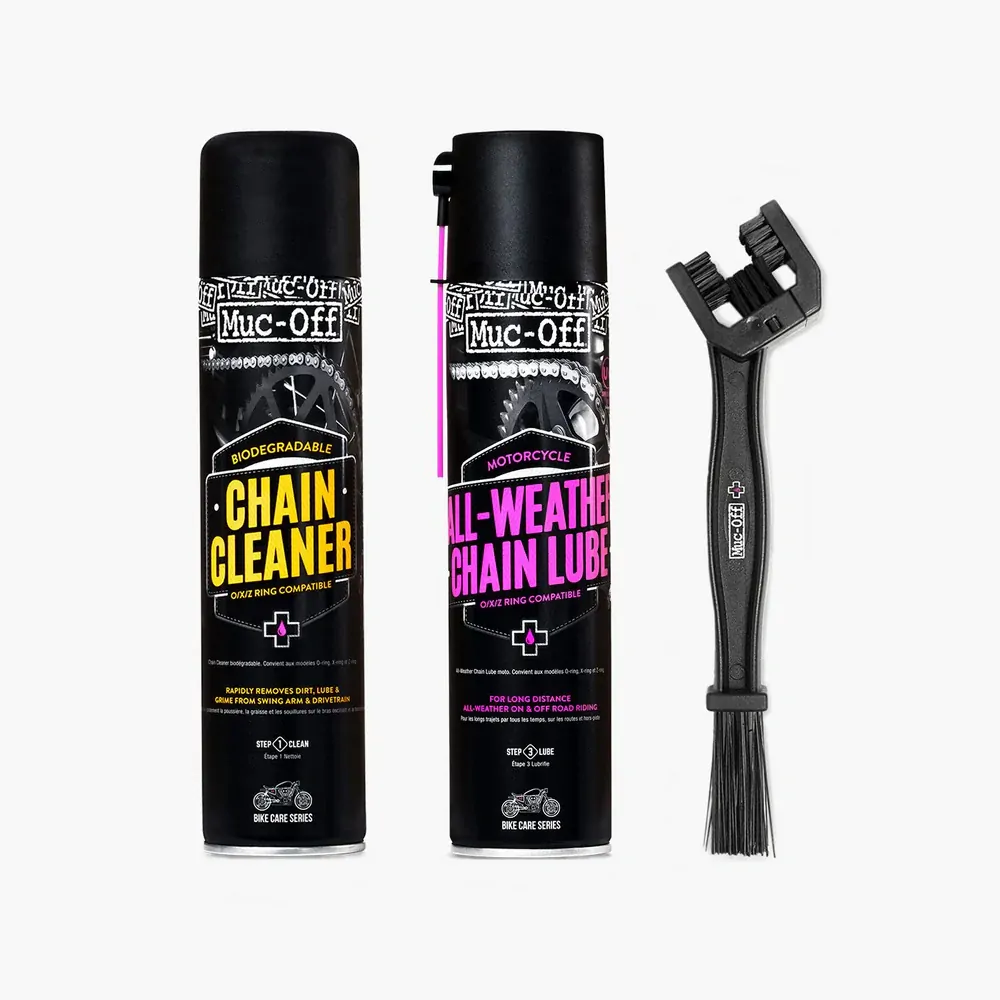 a Sada pro čištění a mazání motocyklového řetězu MUC-OFF MOTORCYCLE CHAIN CARE KIT