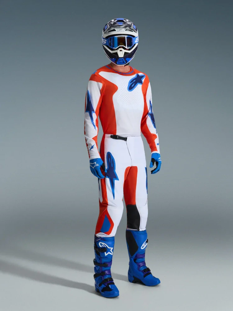 a Motokrosový komplet kalhot a dresu ALPINESTARS FLUID GRID barva bílá/modrá/oranžová velikost 34+L