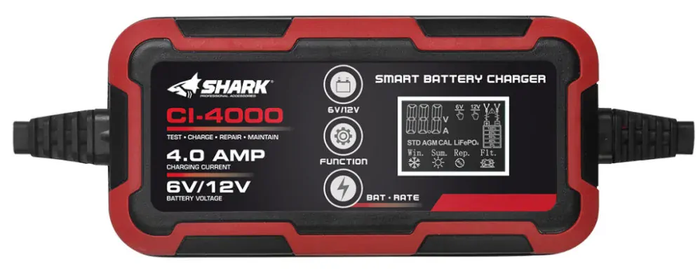 Inteligentní 4A nabíječka pro všechny 12V / 6V / nabíječka baterií SHARK BATTERY CHARGER CI-4000 LI-ION, AGM, GEL AJ. 