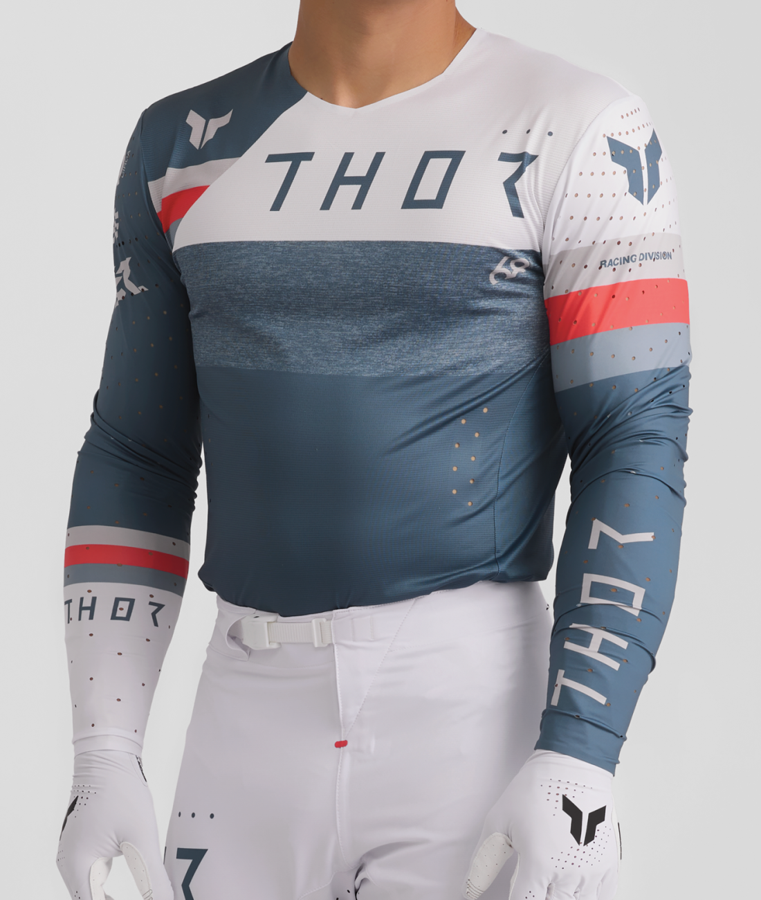 Lehké a pružné motokrosové oblečení - komplet dresu a kalhot THOR SPORTMODE LEAGUE barva šedomodrá/bílá