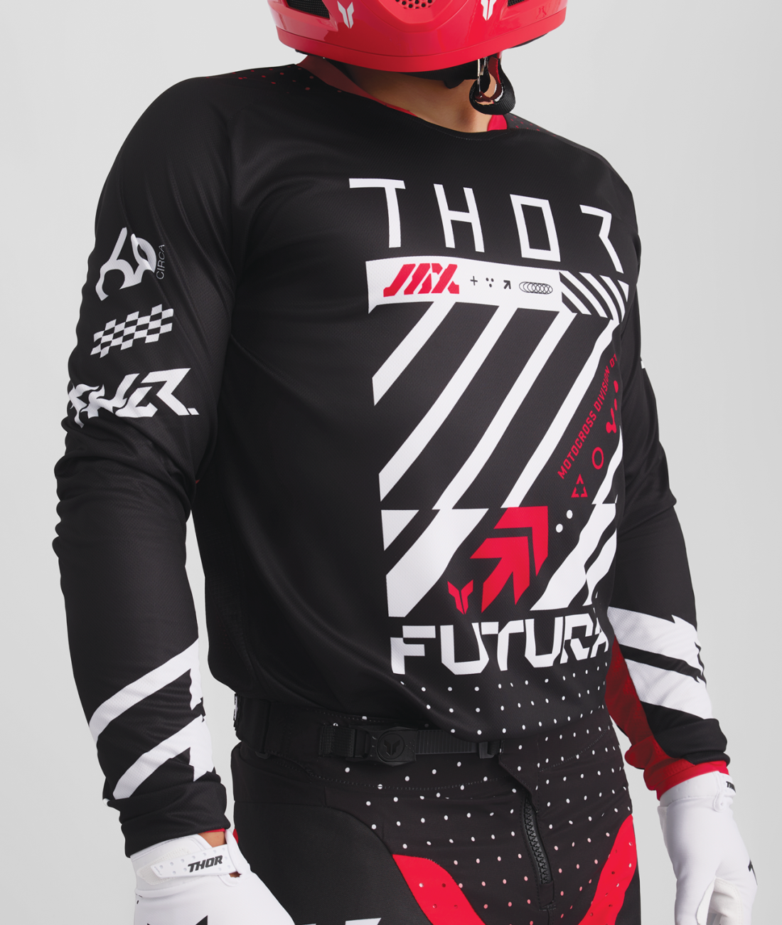 Motokrosový / enduro komplet kalhot a dresu THOR LAUNCHMODE FUTURA barva černá/červená 