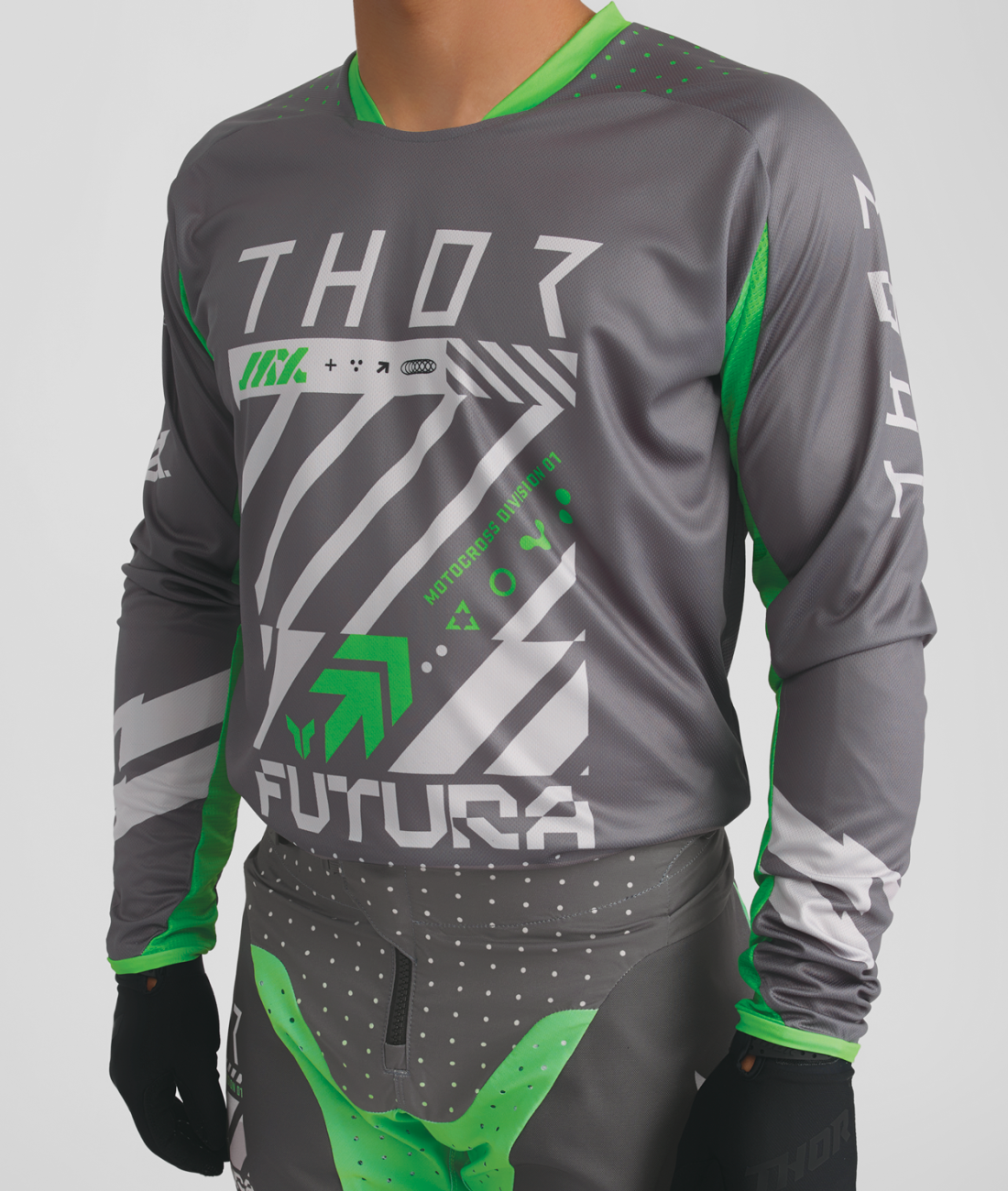 a Motokrosový / enduro komplet kalhot a dresu THOR LAUNCHMODE FUTURA barva šedá/zelená velikost 32+M