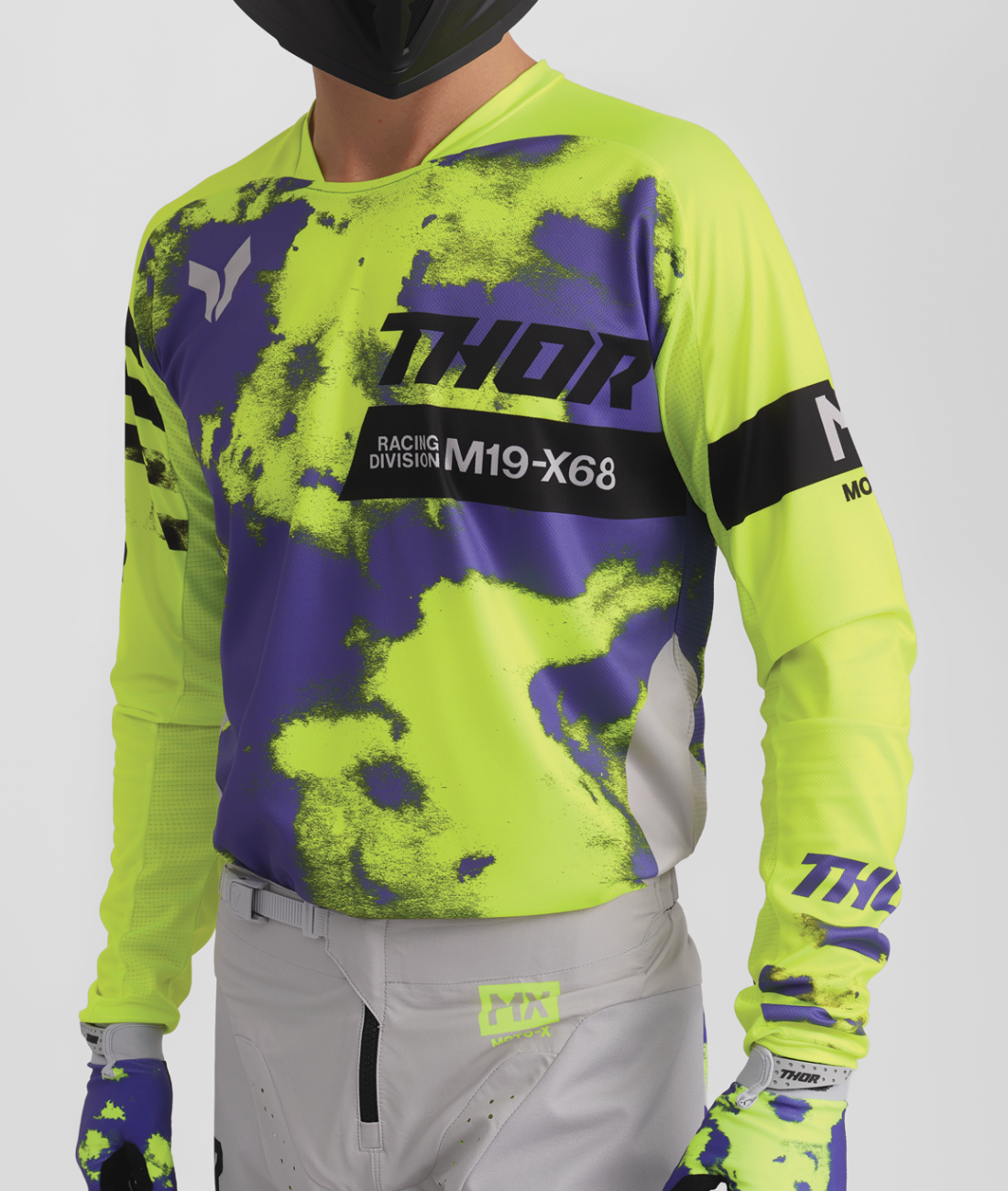 Motokrosový / enduro komplet kalhot a dresu THOR LAUNCHMODE BLEACH barva šedá/acid/fialová