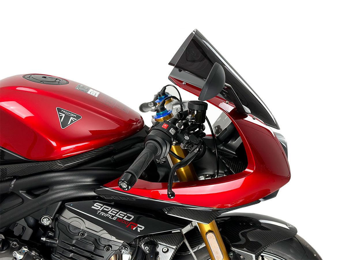 Plexi motocyklu WRS verze SPORT pro motocykly TRIUMPH SPEED TRIPLE 1200 RR ABS rok 2022-2023, výška 39 cm, šíře 26 cm, barva tmavě kouřová