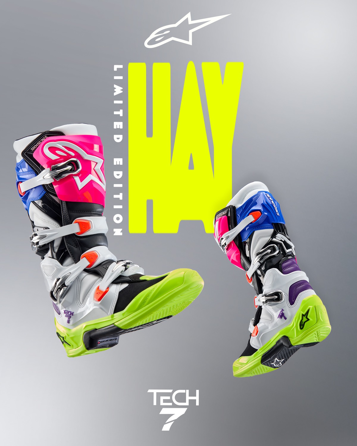 A Motokrosové boty / mx obuv ALPINESTARS TECH 7 LIMITOVANÁ EDICE HAY barva multicolor (bílí/žlutá fluo/modrá/růžová/oranžová,fialová) velikost 44,5