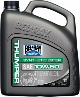 A Olej BEL-RAY THUMPER RACING 10W-50 SYNTHETIC ESTER BLEND 4T ENGINE OIL balení 4 litry