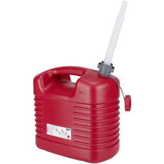 a Kanystr na benzín / odolný kanystr na benzín s flexibilní hubicí PRESSOL FUEL CAN 21137 PE obsah 20L + nalévací tribice, barva červená, rozměr 410 H x 385 L x 229 W mm