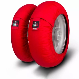 Nahříváky moto pneumatik CAPIT SUPREMA SPINA TYRE WARMER barva červená, velikost M/L ( přední M 125/17” zadní L 180/55-17” )